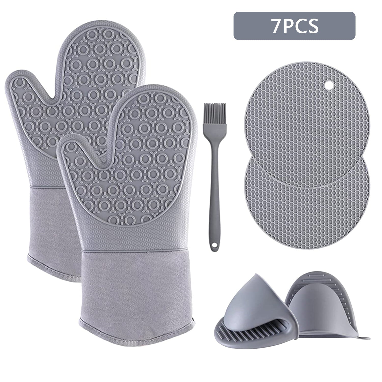 7pcs Silicone Oven Mitt and Pot Holder Set， Asablve 500°F Heat Resistant Oven Gloves， Non-Slip Oven Mittens with Mini Oven Gloves and Pot Holders Potholders for Kitchen Baking Cooking， Gray