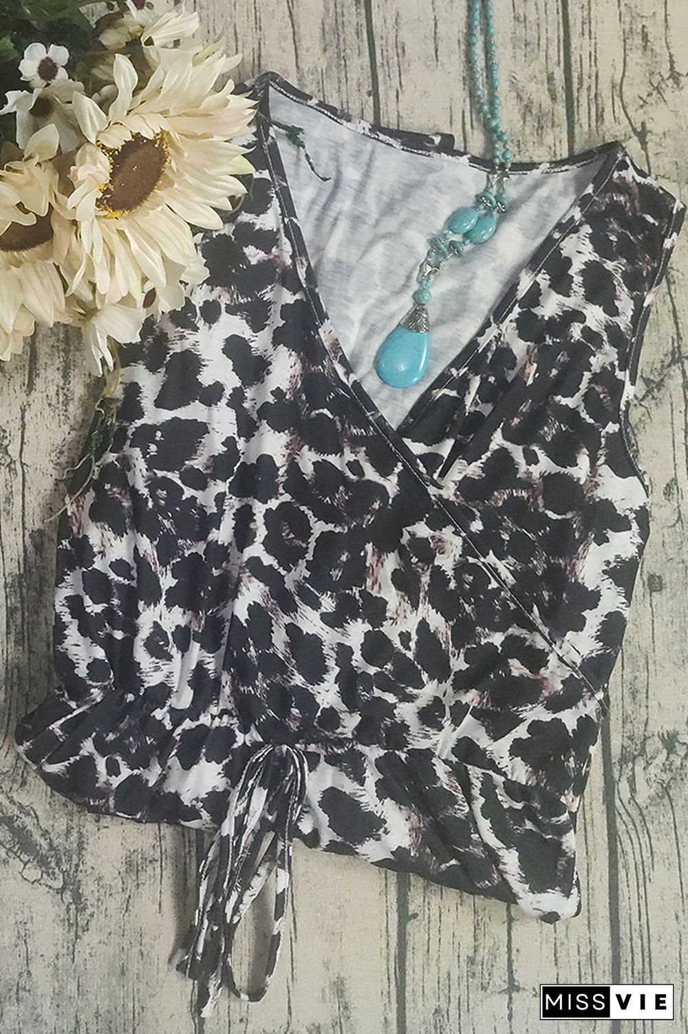 Leopard Floral Print Drawstring V-neck Sleeveless Jumpsuit