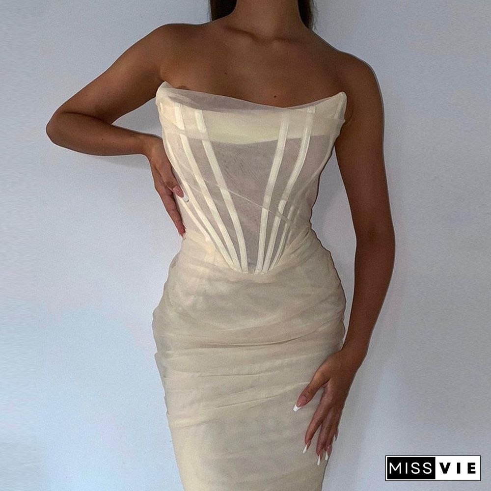 Elegant Corset Bustier Bone Ruched Mesh Midi Dresses Party Night Club Sexy Backless Strapless Summer Dress Bodycon