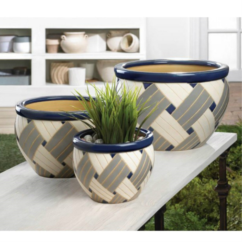 Woven Print Geometric Ceramic Planter  3 Piece Set   Contemporary   Outdoor Pots And Planters   by The House of Awareness  Houzz