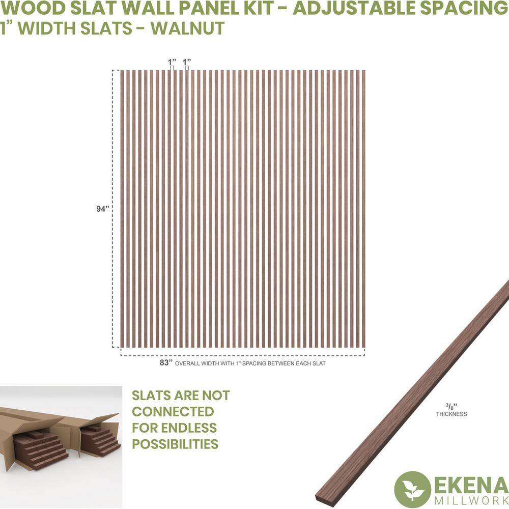 Ekena Millwork 94-in H x-38-in T Adjustable Wood Slat Wall Panel Kit w1-in W Slats Walnut (contains 42 Slats) SWW84X94X0375WA