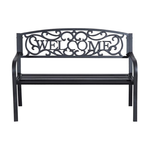 Outdoor Metal Welcome Bench Powder Coated Cast Iron Sign amp Steel Frame 2 Person Bench With Antique Vine Motifs amp Slatted Seat Black