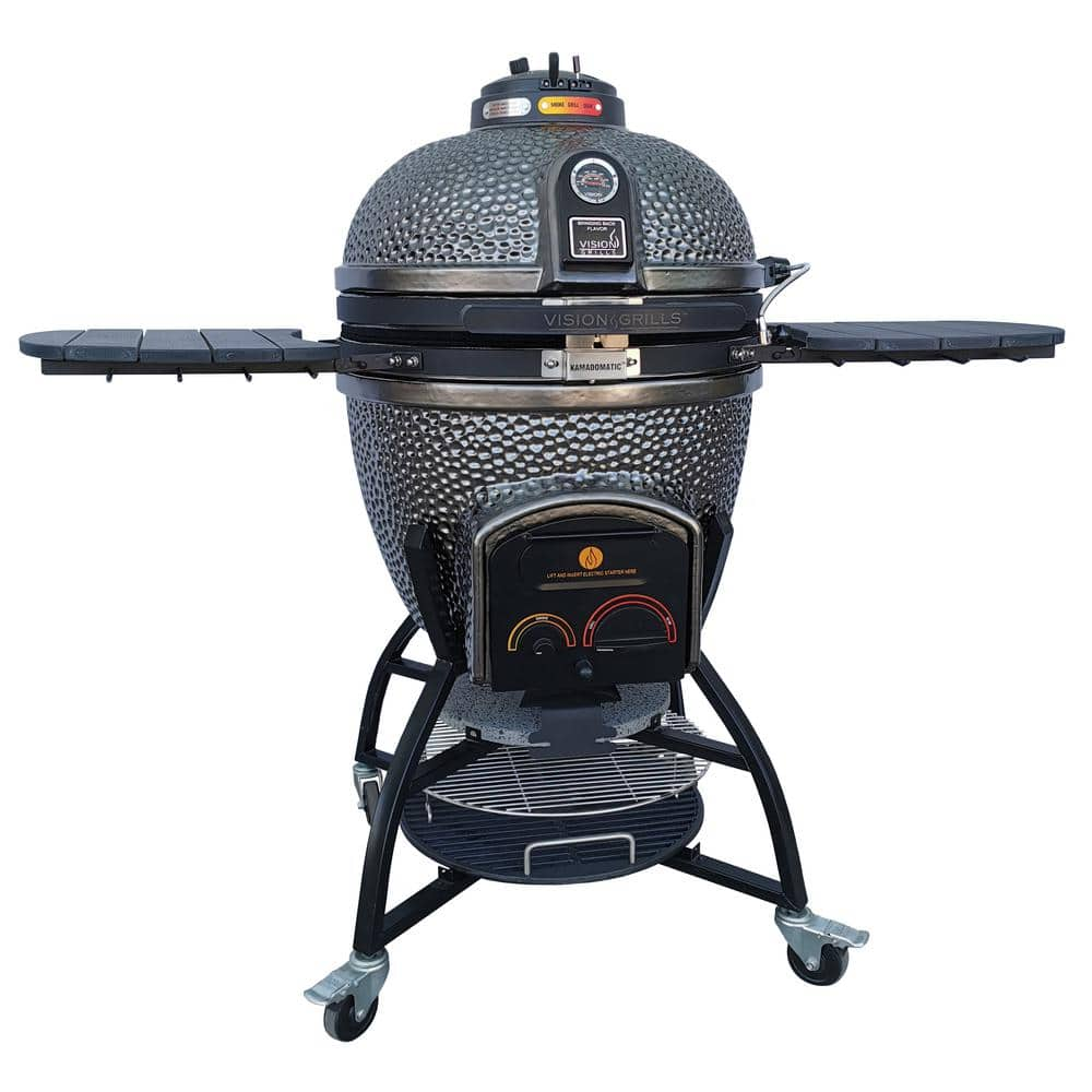 Vision Grills 22 in. Kamado XD402 Ceramic Charcoal Grill in Metallic Grey with Cover, Storage Cart, Shelves, Lava Stone, Ash Drawer XD-402MG