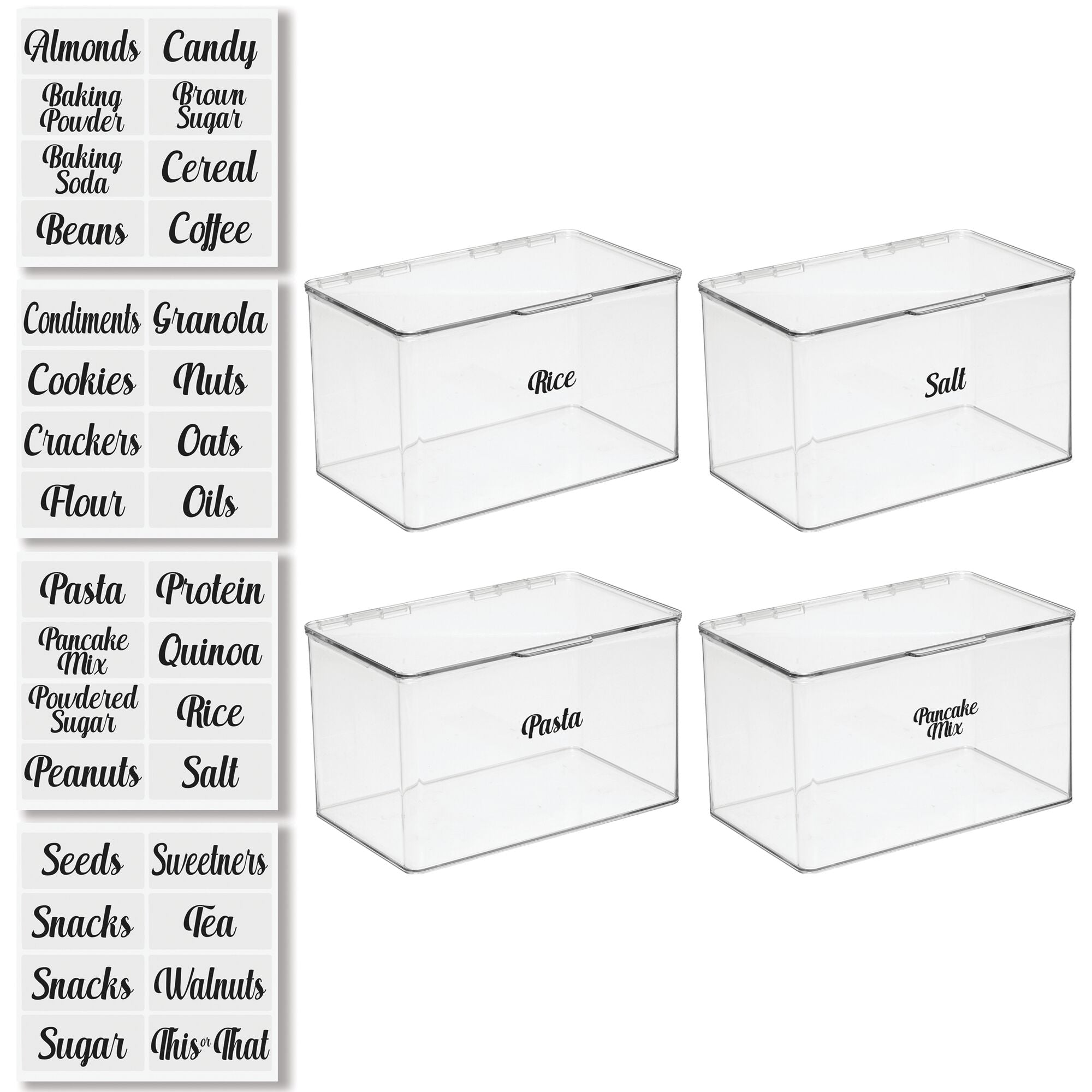 mDesign Plastic Stackable Kitchen Pantry Cabinet/Refrigerator Food Storage Container Box, Attached Lid - Organizer Bin for Coffee, Tea, Packets, Snack Bars - Pack of 4, Includes 32 Labels - Clear