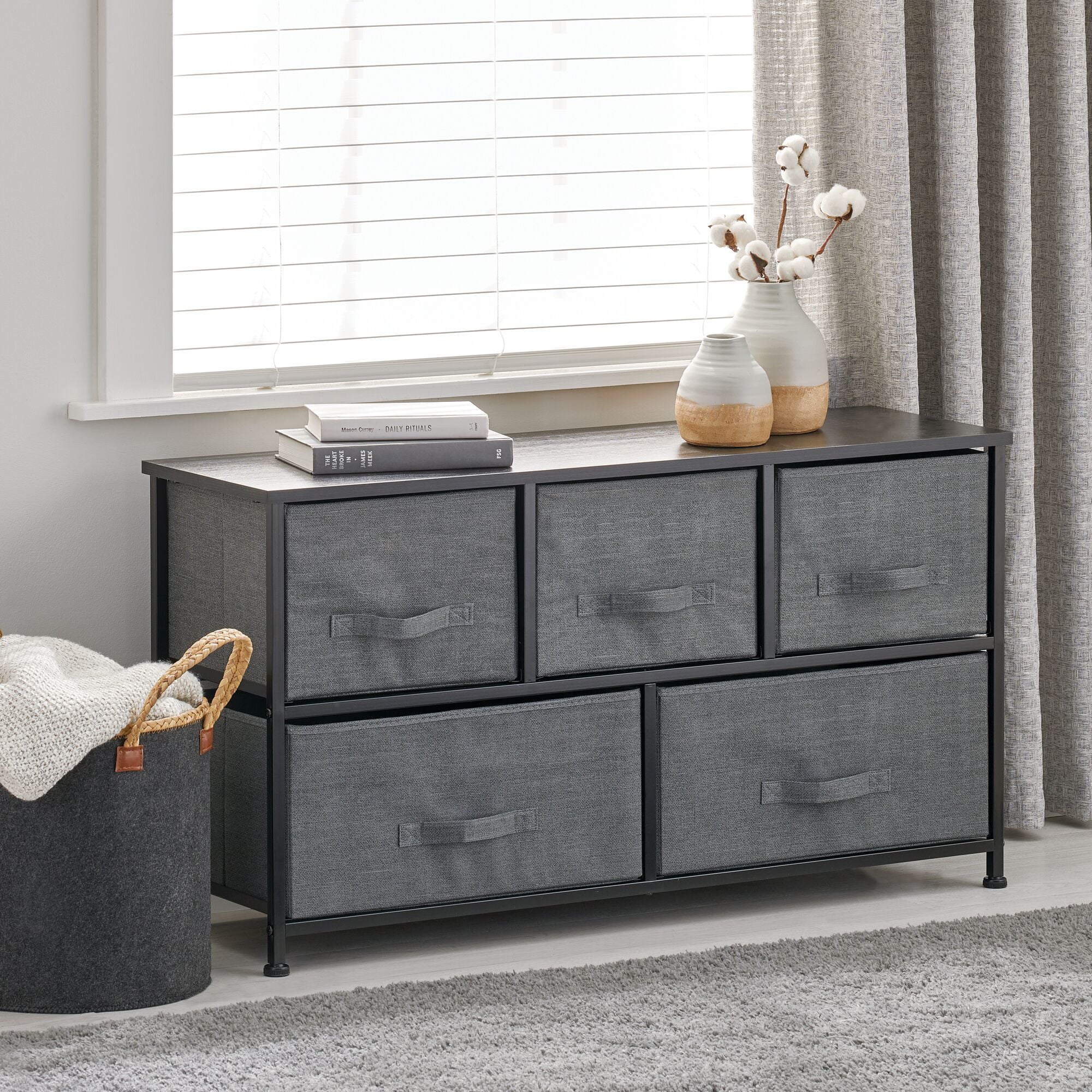 mDesign Wide Steel Frame/Wood Top Storage Dresser Furniture Unit with 5 Removable Fabric Drawers, Large Bureau Organizer for Bedroom, Living Room, Closet - Lido Collection, Charcoal Gray