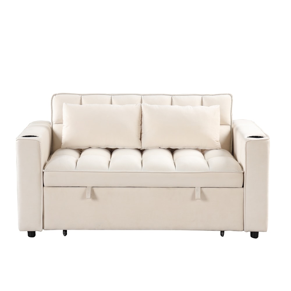 Velvet Upholstered Sofa Bed Convertible Sleeper Sofa with Cup Holder and USB Port   Perfect for Living Rooms and Apartments