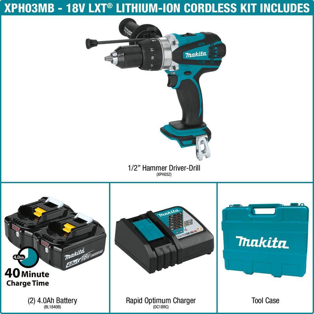 Makita 18V LXT Lithium-Ion 12 in. Cordless Hammer DriverDrill Kit with (2) Batteries (4.0 Ah) Charger and Hard Case XPH03MB