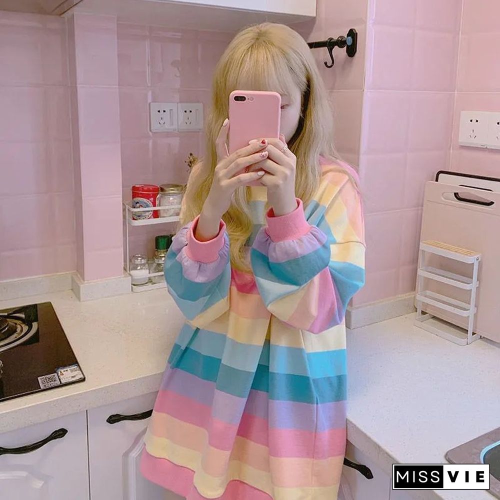 Women's Jacket Autumn Winter Rainbow Striped Long-sleeved Hoodless Shirt Harajuku Female Student Korean Version Tide Loose Thin