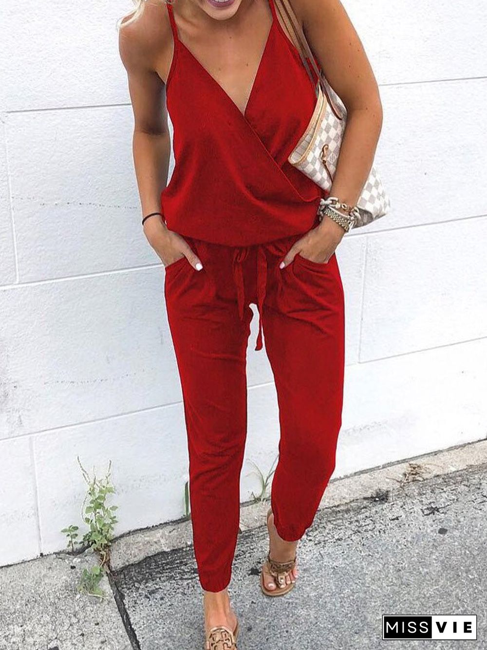 Women'S Jumpsuits Casual Sling V-Neck Belted Pocket Jumpsuit