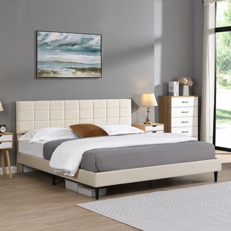 Beige Upholstered Platform Bed with Fabric Upholstered Headboard and Wooden Slats