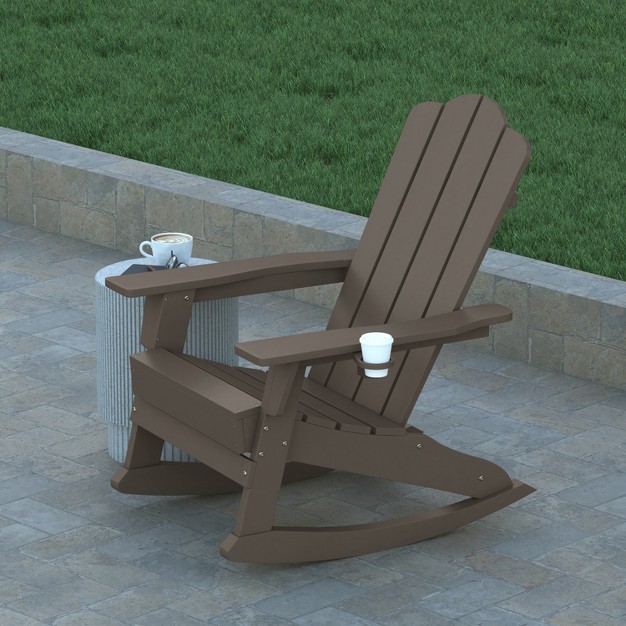 Emma And Oliver Set Of 2 Adirondack Rocking Chairs With Cup Holders Weather Resistant Hdpe Adirondack Rocking Chairs In Brown