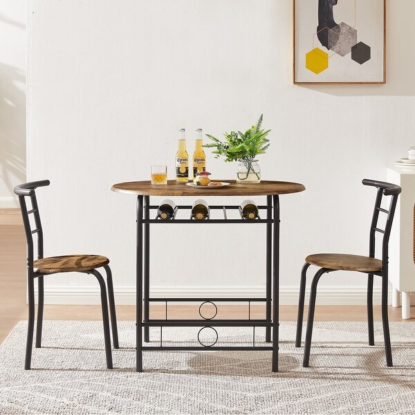 3-Piece Dining Set， Modern Wood Oval Table and 2 Chairs Set with Built-In Wine Rack