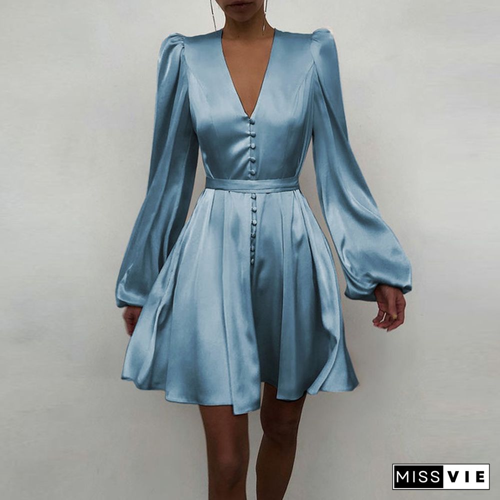 Women Solid Color Stain V Neck Puff Long Sleeve Cocktail Dress Casual Fashion Party Belted Midi Dress Plus Size Kleid