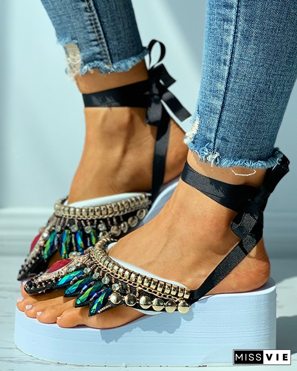 Studded Rhinestone Toe Post Wedge Sandals