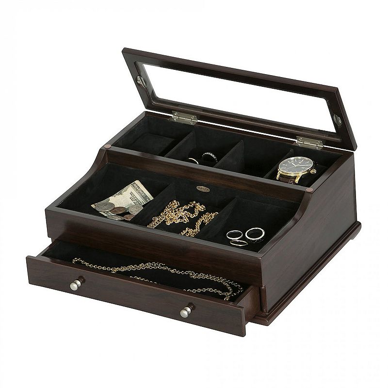 Mele and Co. Wood with Mahogany Finish Hampden Men's Glass Top Watch Box and Dresser Top Valet