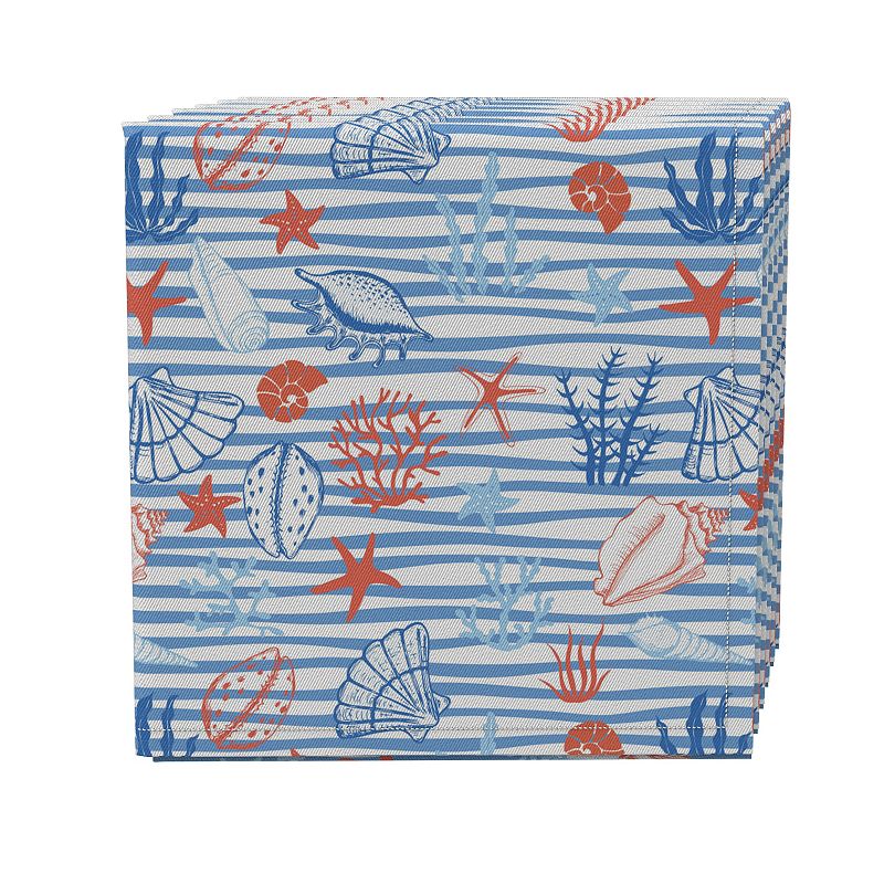 Napkin Set of 4， 100% Cotton， 20x20， Sea Life Drawing in Stripes