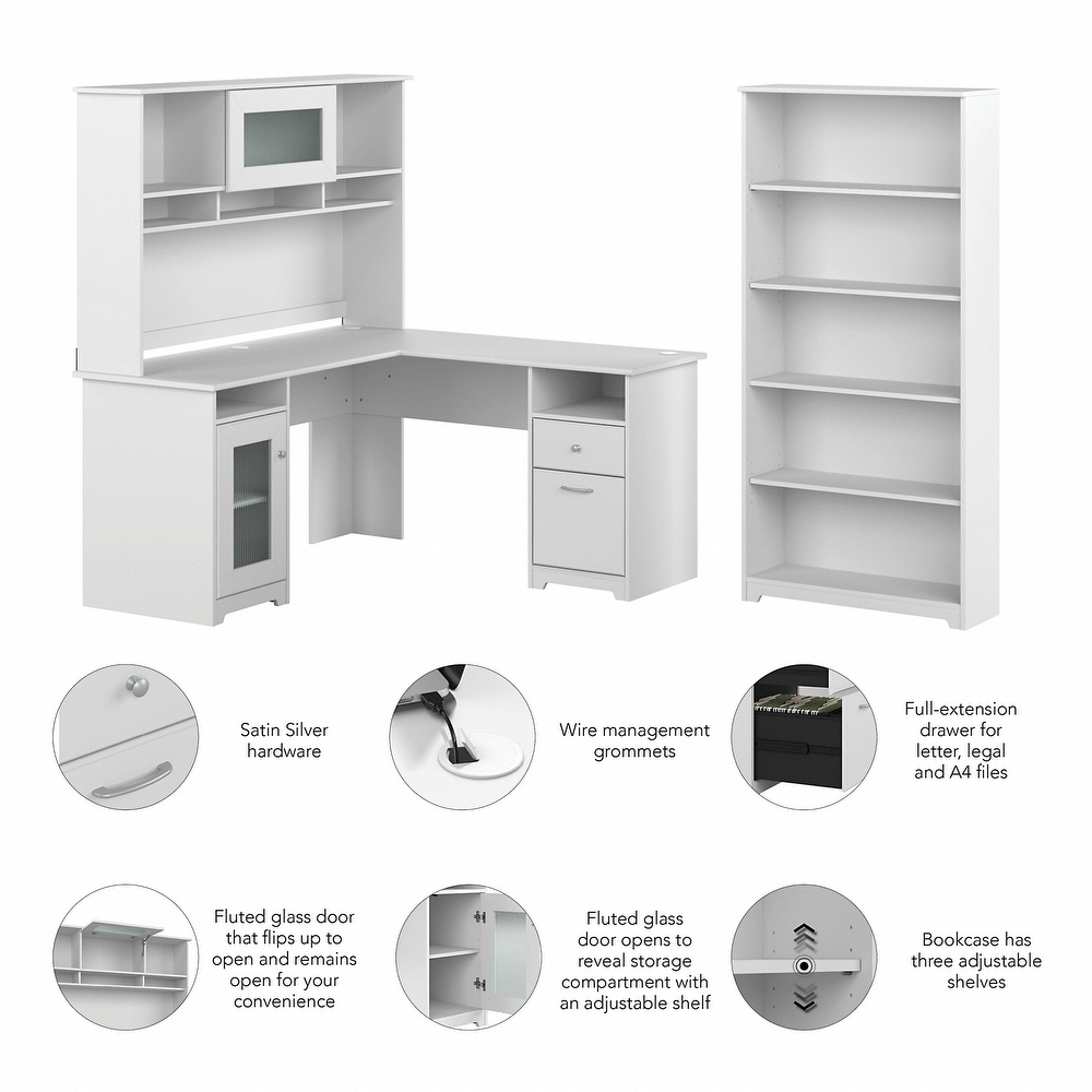 Cabot 60W L Desk with Hutch and 5 Shelf Bookcase by Bush Furniture