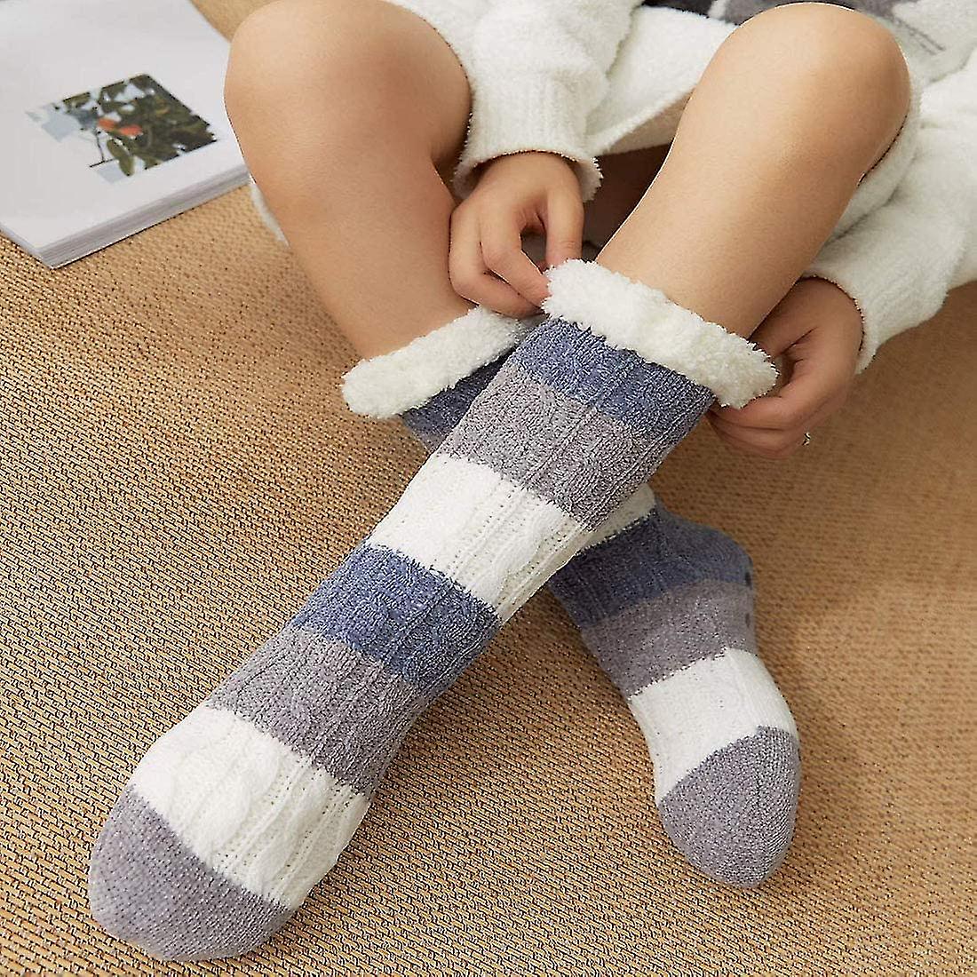 Women Slipper Socks Warm Fluffy Socks Soft Fuzzy Socks Winter Knit Socks Chenille Stripe