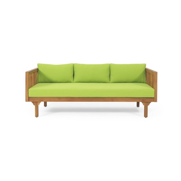 Claremont Outdoor 3 Seater Acacia Wood Daybed With Cushions Teak green Christopher Knight Home