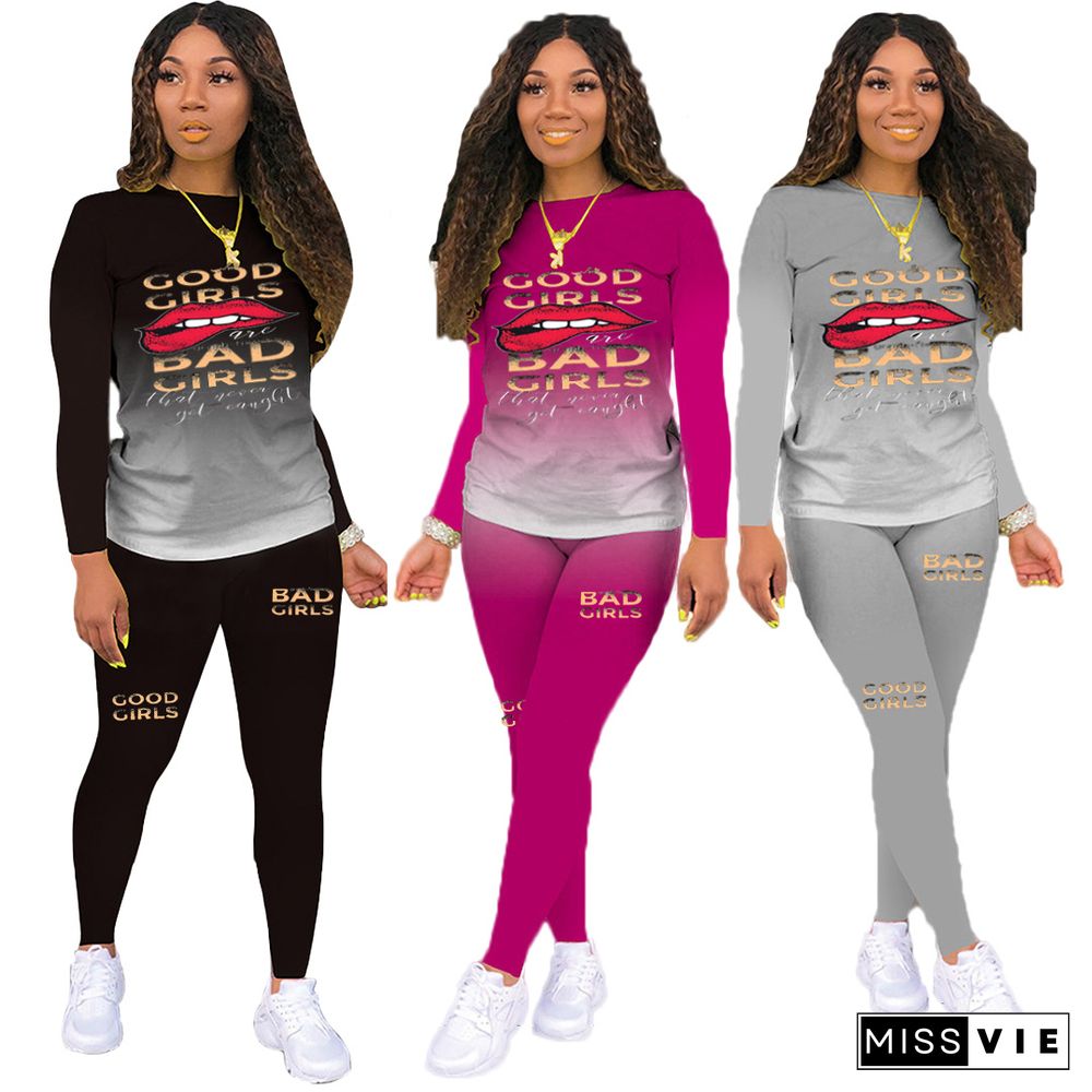 Letter Lips Gradient Print Sweatshirts Jogger Pants 2 Pieces Set