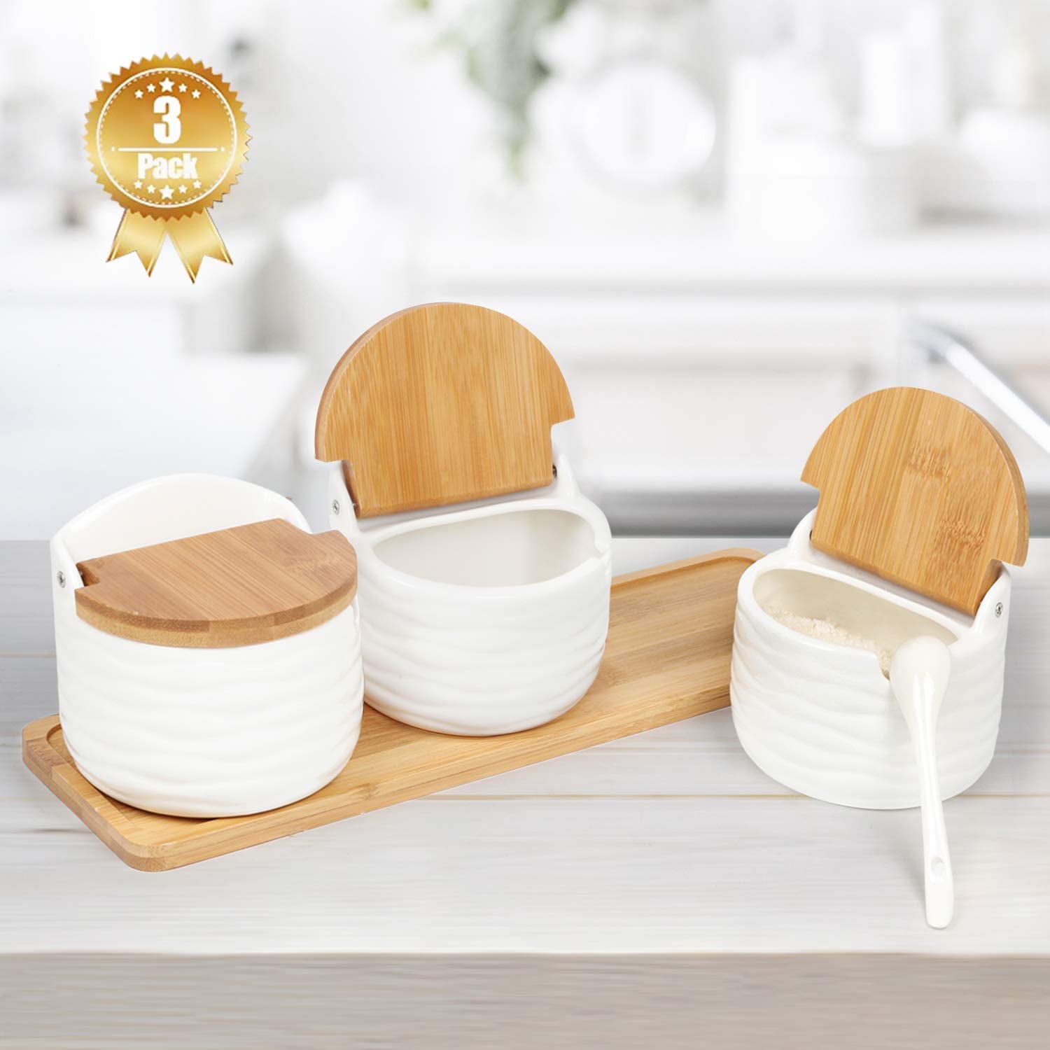 NEX White Ceramic Sugar Bowls， Set of 3 with Bamboo Lids and Spoon