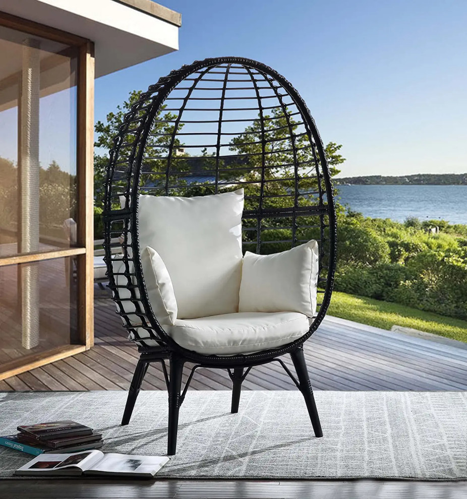 Contemporary Patio Lounge Chair  Black Rattan Covered Frame With Cushioned Seat   Tropical   Outdoor Lounge Chairs   by Decor Love  Houzz