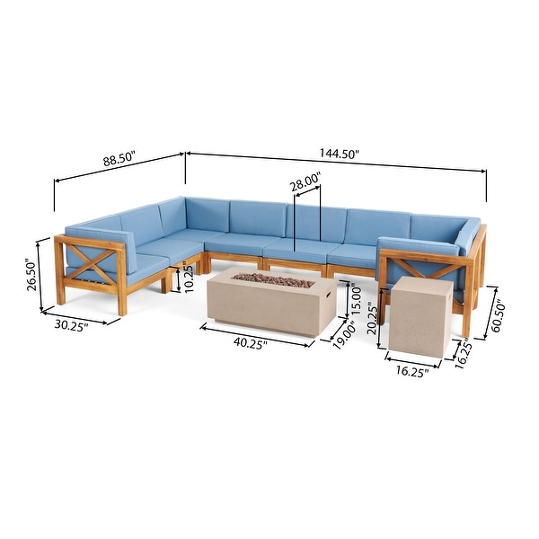 Brava Outdoor Acacia Wood 8 Seater UShaped Sectional Sofa Set with Fire Pit by Christopher Knight Home