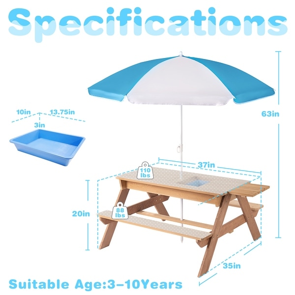 3in1 Kids Outdoor Wooden Picnic Table With Umbrella