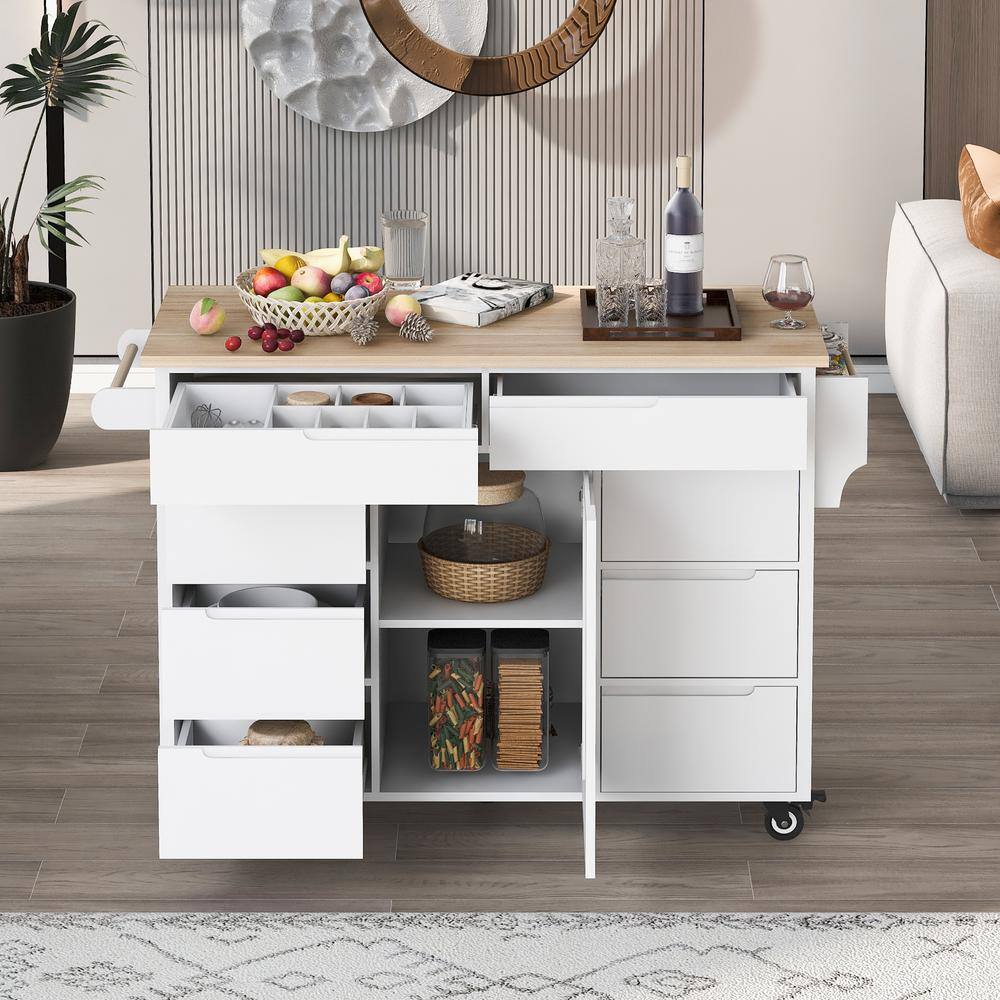 White Wood 53.1 in. Kitchen Island with 8 Handle-Free Drawers and 5 Wheels for Kitchen Dinning Room LH-950