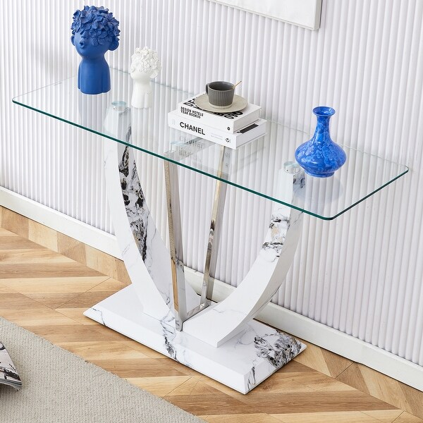 Modern and simple rectangular glass dining table in white with a pattern，white top and gold legs，suitable for entrance