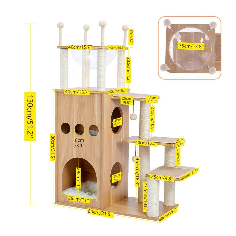 Foobrues 51.20 in. H Pet Cat Scratching Posts and Trees MDF Cat Tower with Fully Sisal Covering Scratching Posts in Beige LNN-P23168182