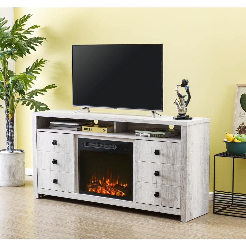 FESTIVO 64 in Freestanding Electric Fireplace TV Stand in Saw CutOff White