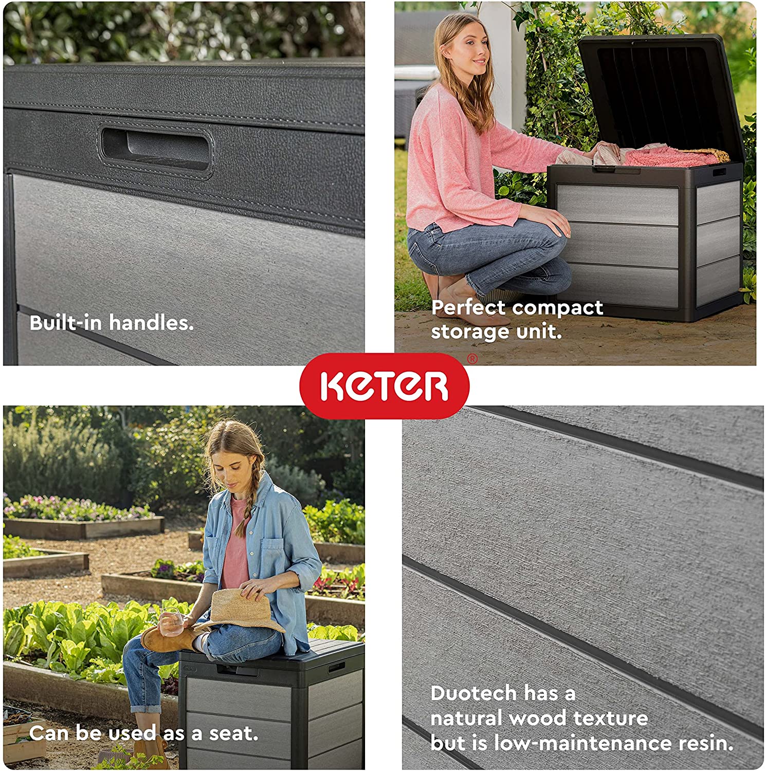 Keter Denali 30 Gallon Resin Deck Box for Patio Furniture， Pool Accessories， and Storage for Outdoor Toys， Grey/Black