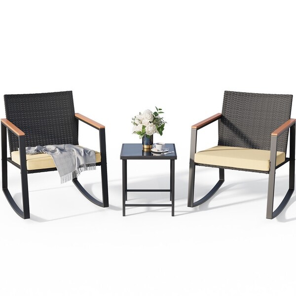 3 Piece Rocking Patio Bistro Set Wicker，Rocking Chair Pub Set with Glass Table