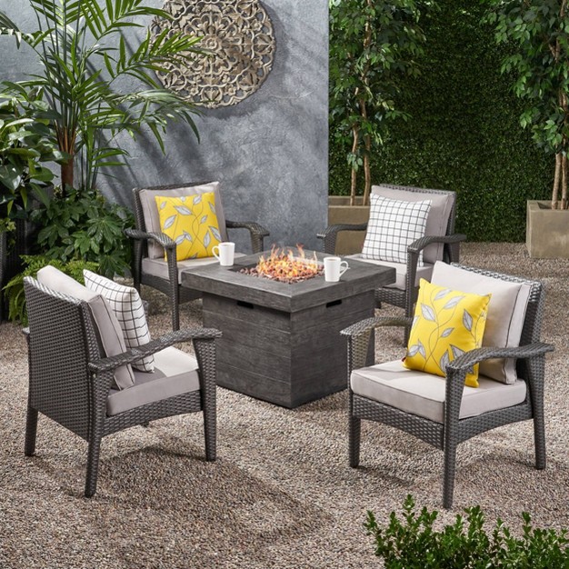 Keana 5pc Faux Rattan Club Chair amp Fire Pit Chat Set Christopher Knight Home