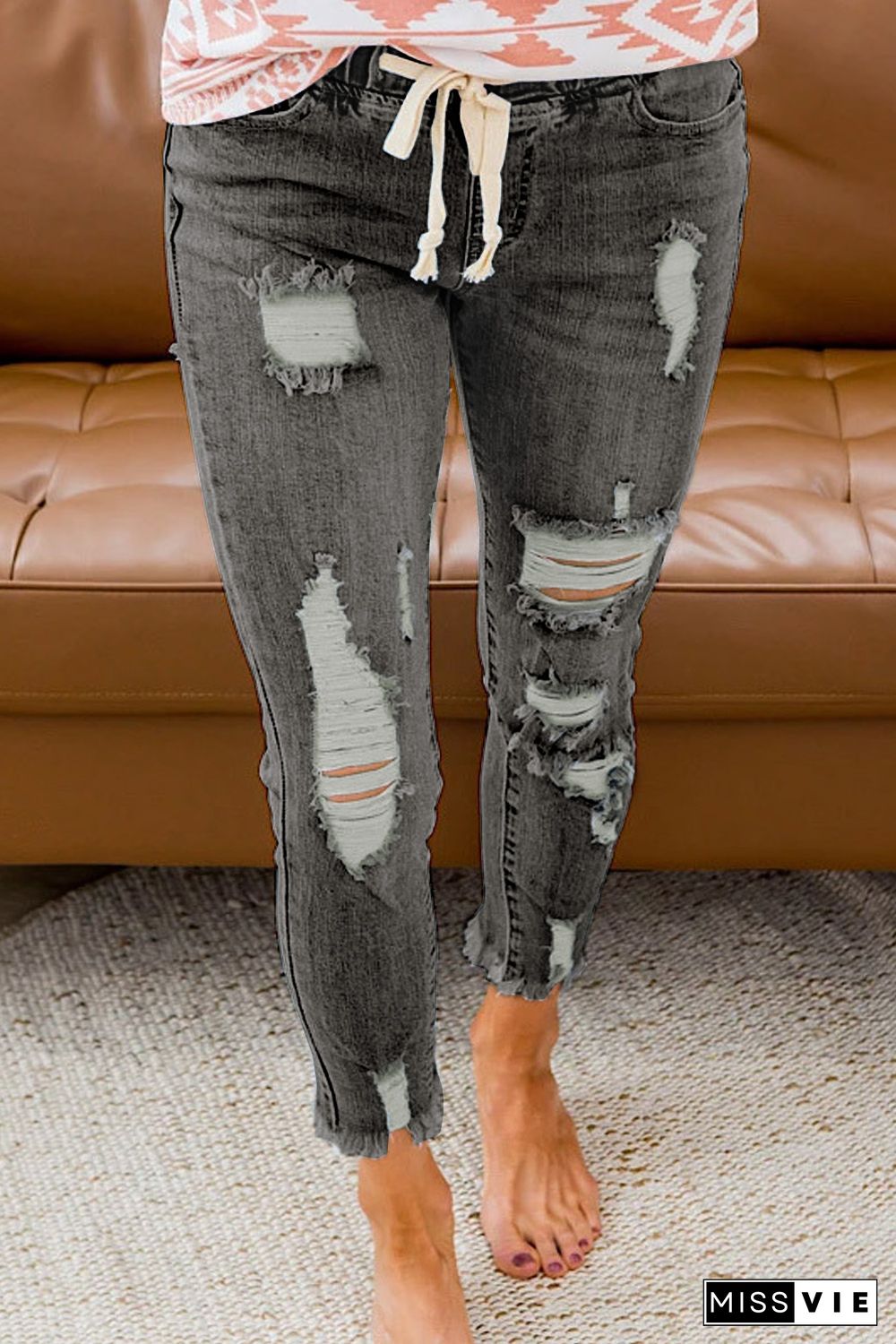 Gray Drawstring Elastic Waist Hole Ripped Jeans