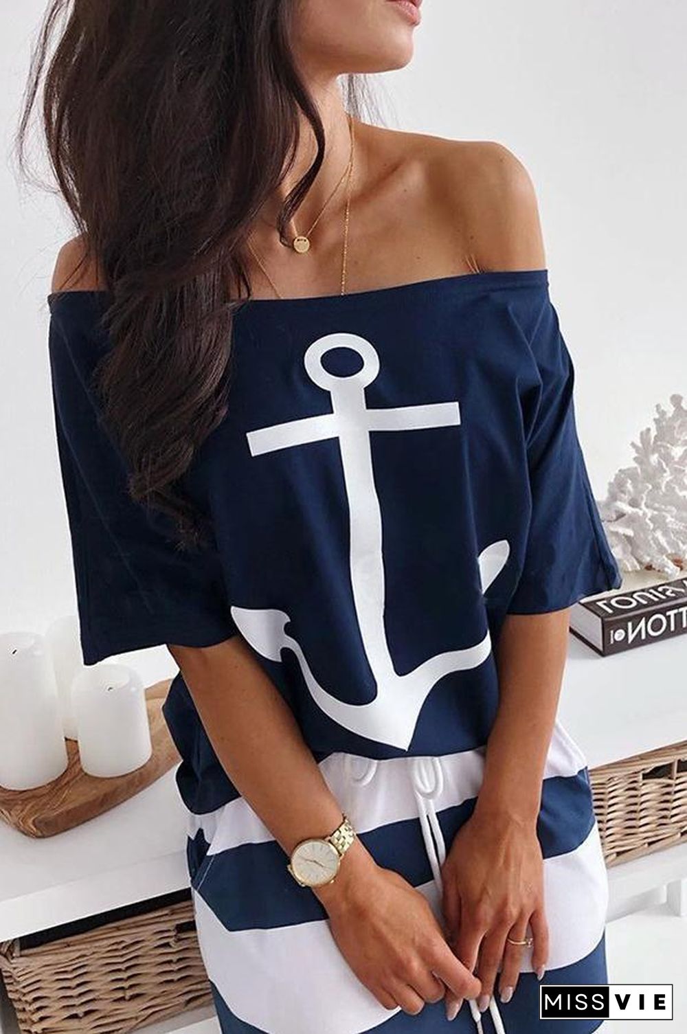 Boat Anchor Print T-Shirt  Striped Skirt Set P10263