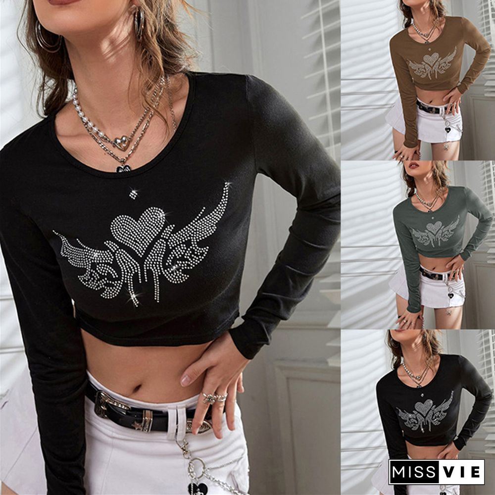 Rhinestone Heart Wings Crop Top Aesthetic Women Long Sleeve T Shirt Y2k Clothes Fairycore Grunge Tee Streetwear