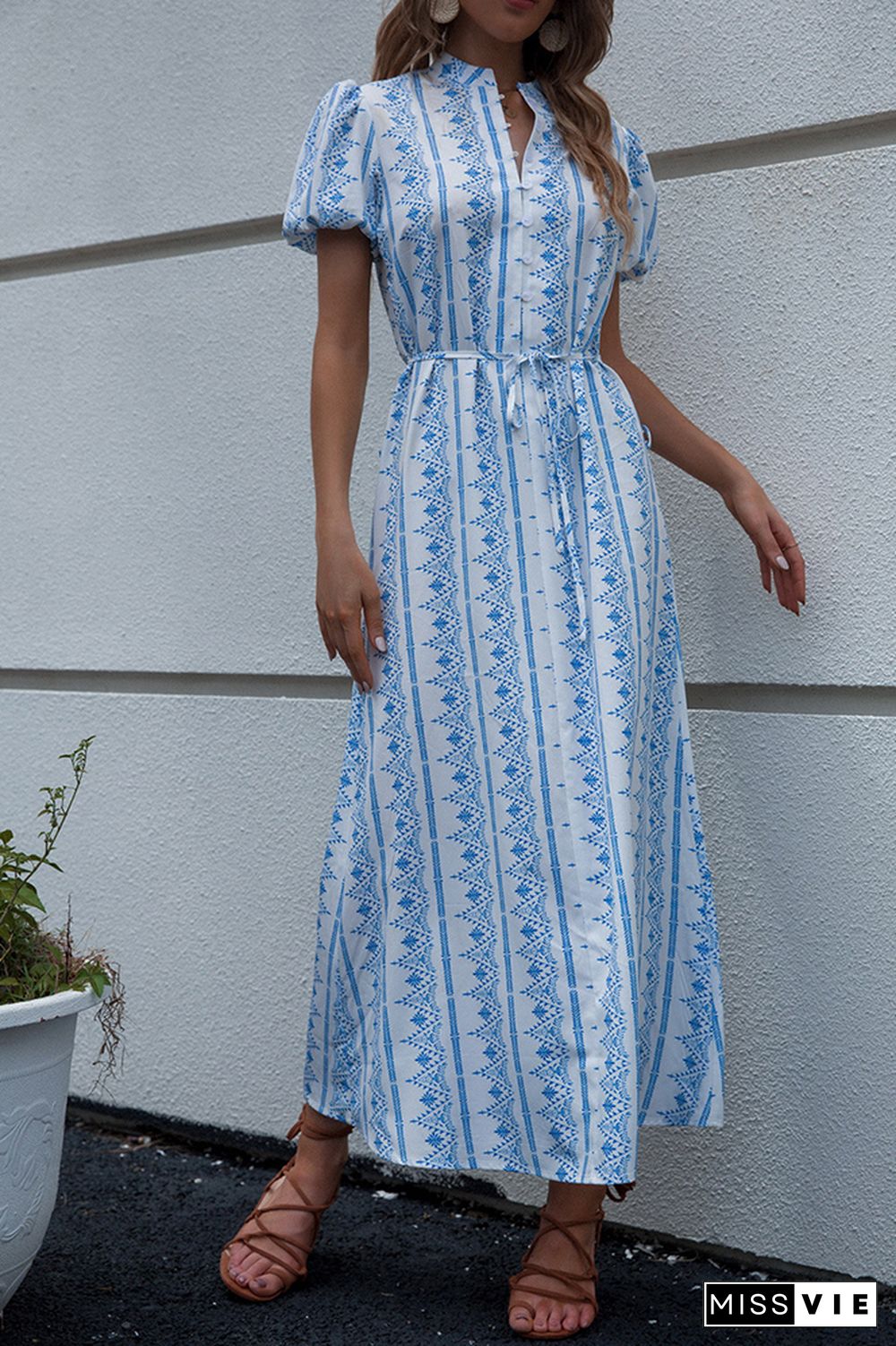 Blue Printing Button Waist Tie Long Dress