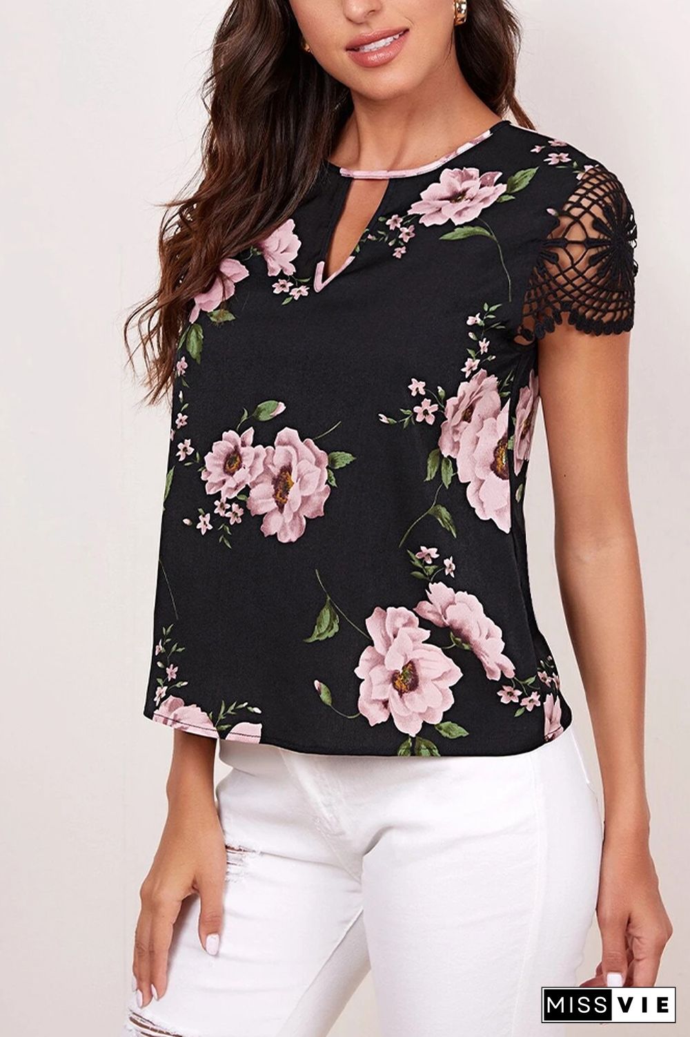 Lace Short-sleeved Floral Printe Top Wholesale