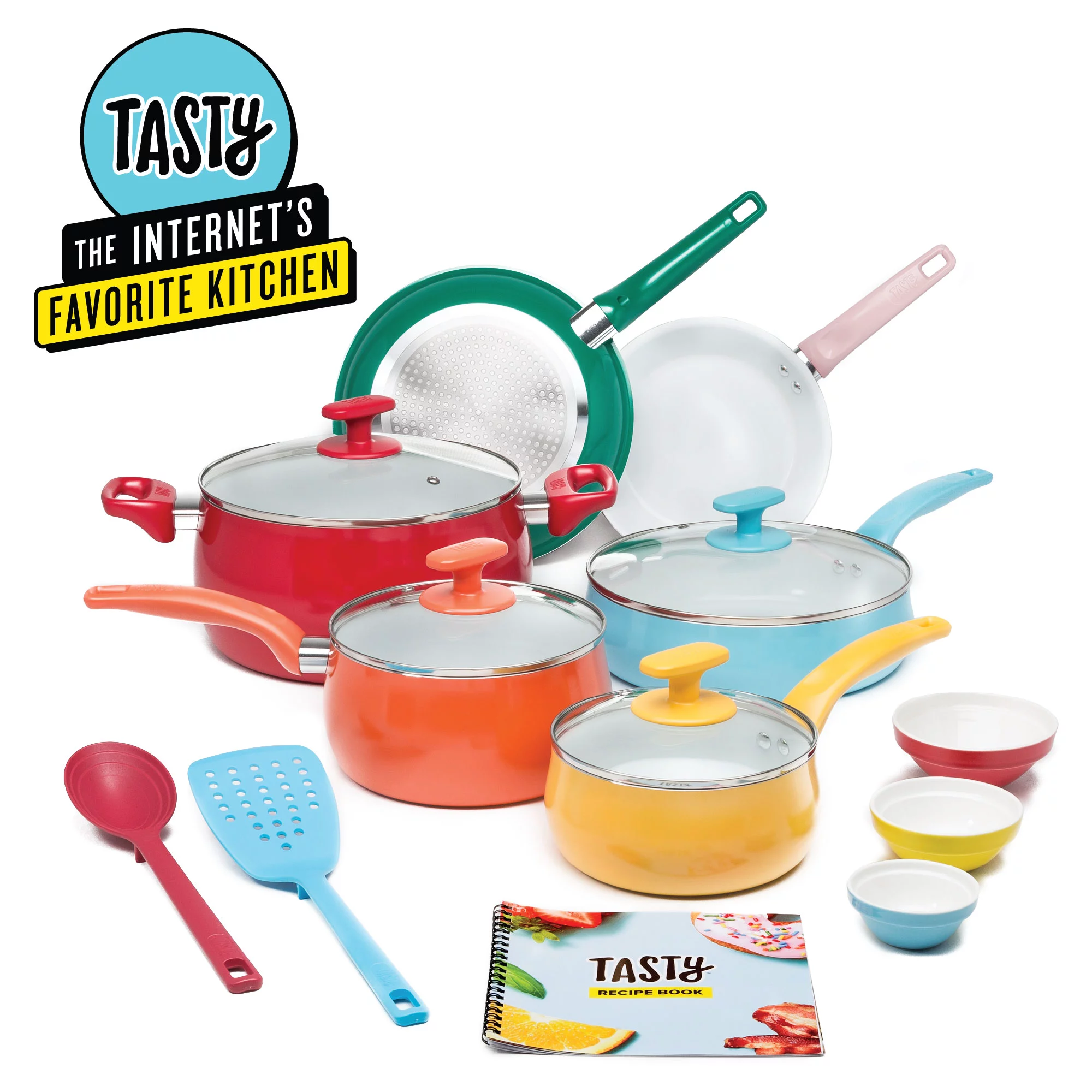 Tasty Ceramic Titanium-Reinforced Non-Stick Cookware Set， Multicolor， 16 Piece