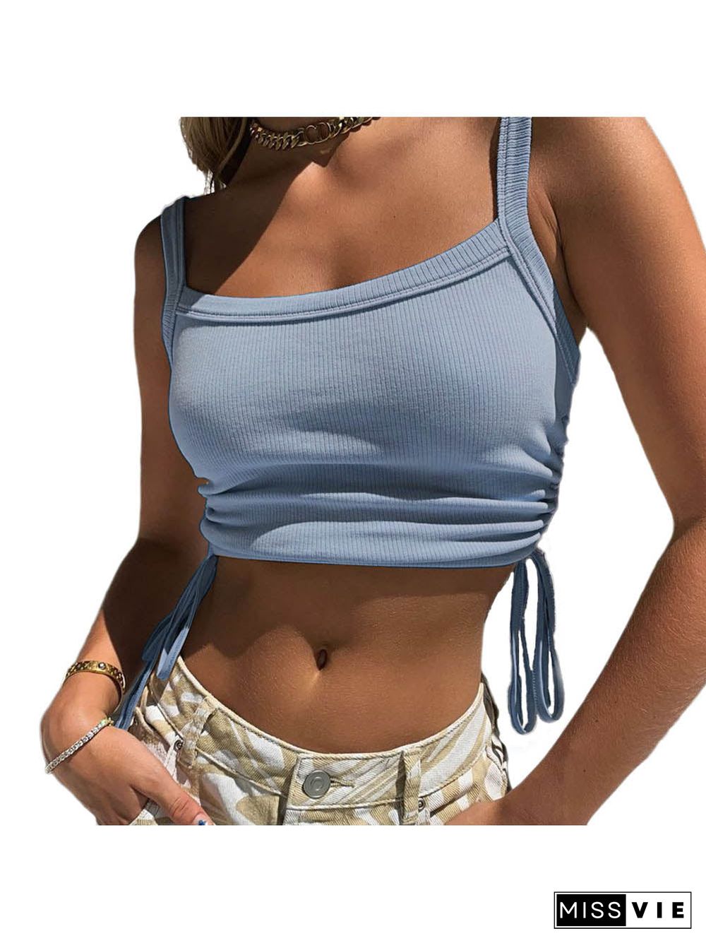 Spaghetti Strap U Neck Side Drawstring Crop Cami Top