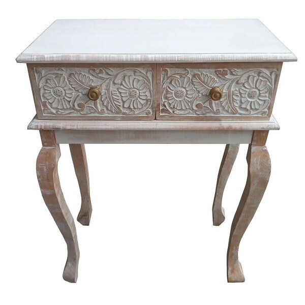 2 Drawer Mango Wood Console Table with Floral Carved Front， Brown and White