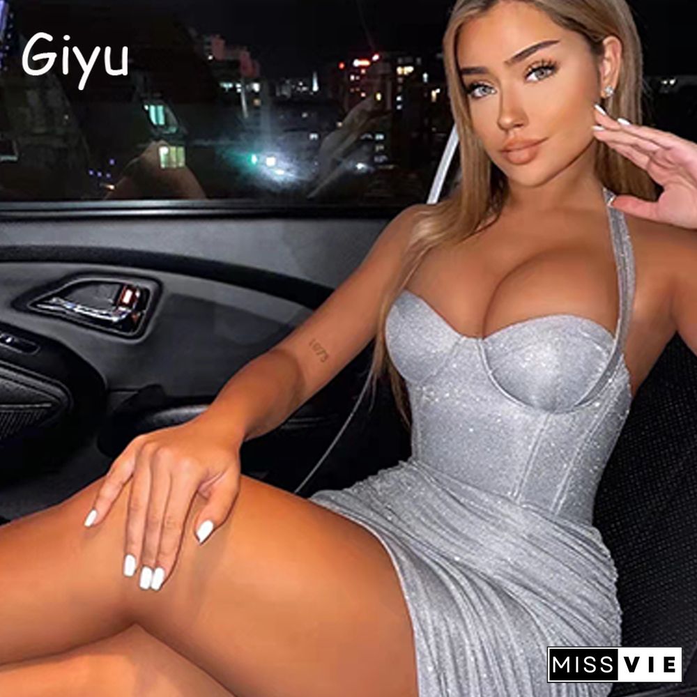 Giyu Night Club Party Woman Dress Sexy Bodycon Glitter Strapless Mini Dresses Summer Elegant Ruched Black Vestidos