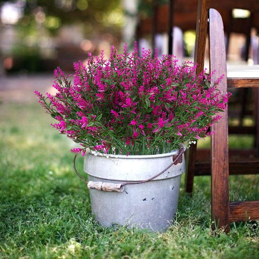 Sinhoon 8 Bundles Outdoor Artificial Lavender Fake Flowers UV Resistant Shrubs, Faux Plastic Greenery for Indoor Outside Hanging Plants Garden Porch Window Box Home Wedding Farmhouse Decor (Fuchsia)