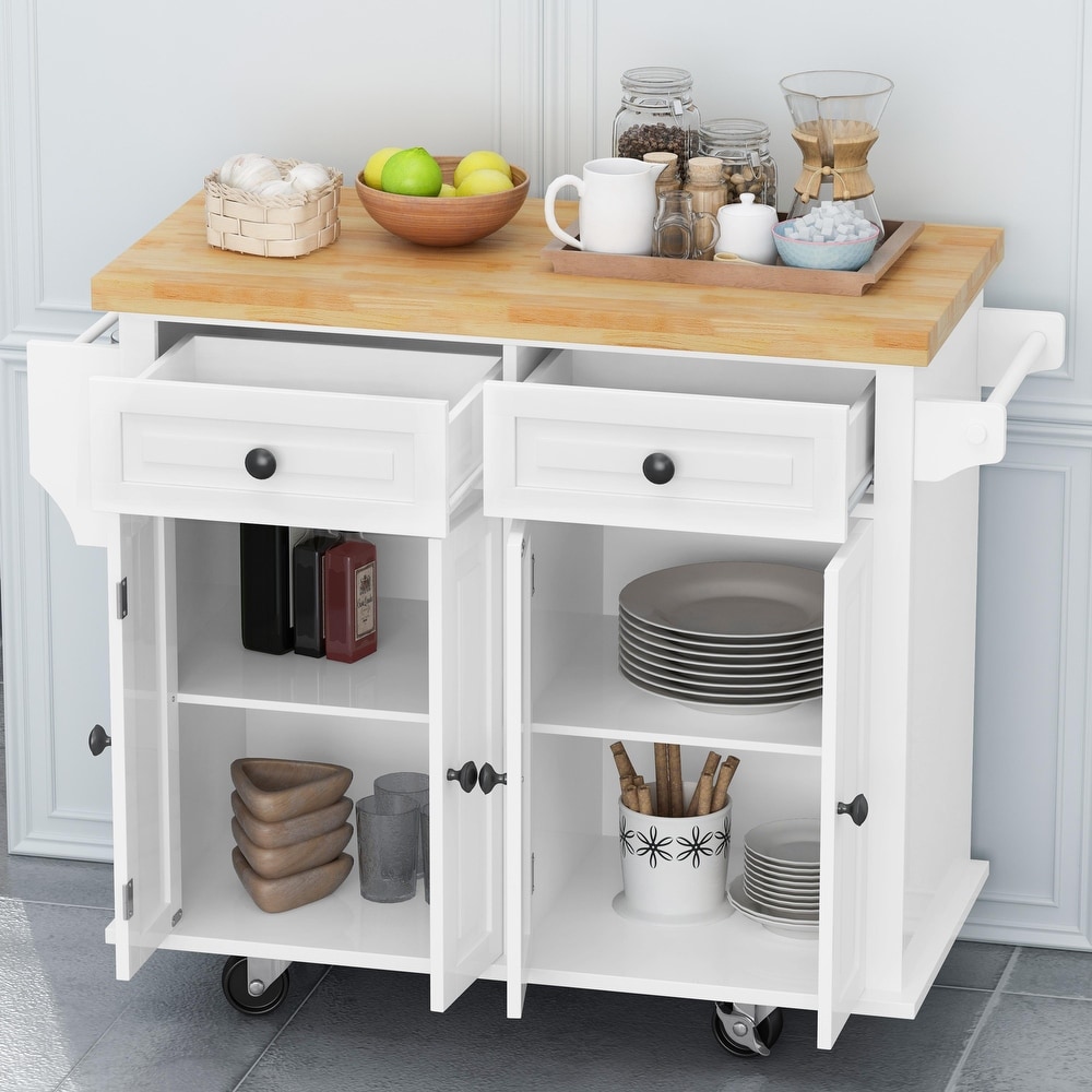 Kitchen Island Cart with Storage Cabinets and Locking Wheels  Wood 4 Door Cabinet and Two Drawers  Spice Rack Towel Rack