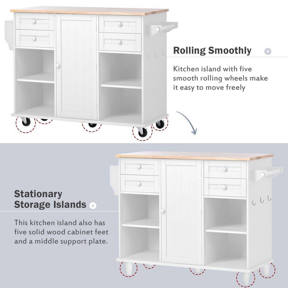 Tileon White MDF Kitchen Island with Rubber Wood Top Drawers Adjust Shelves Spice Rack and Hooks AYBSZHD2200