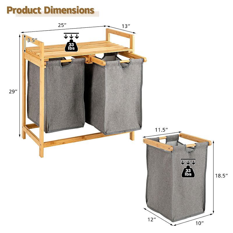 Wicker Laundry Hamper with Dual Compartments Laundry Sorter and Sliding Bags-Natural