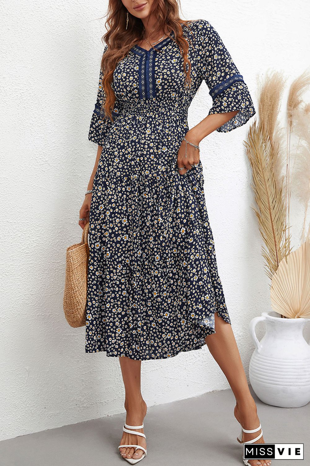 Half Sleeve Sunflower Print Patckwork Dress