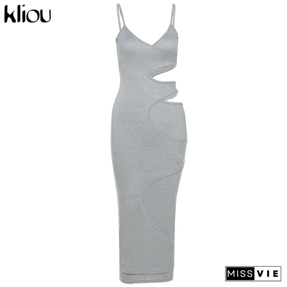 Kliou Cut Out Show Waist Sexy Maxi Dress Women Shape Streetwear Sleeveless Skinny Slim Bodycon Vestidos Sense of Design Hot